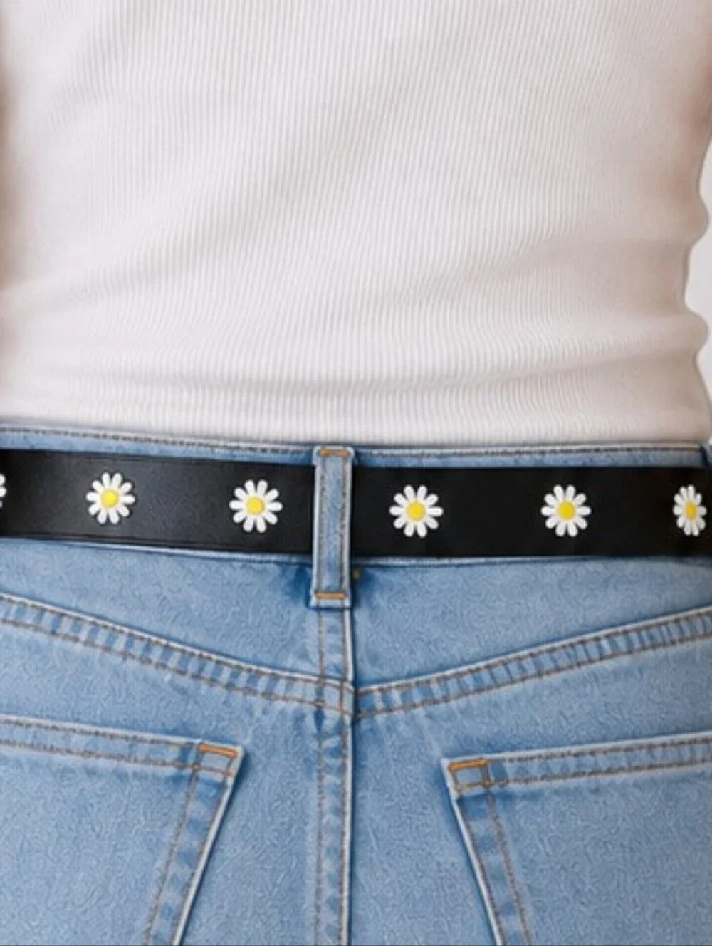 👚 NWOT Youth XL Daisy Flower Embroidered Black Faux Leather Belt Boho Floral